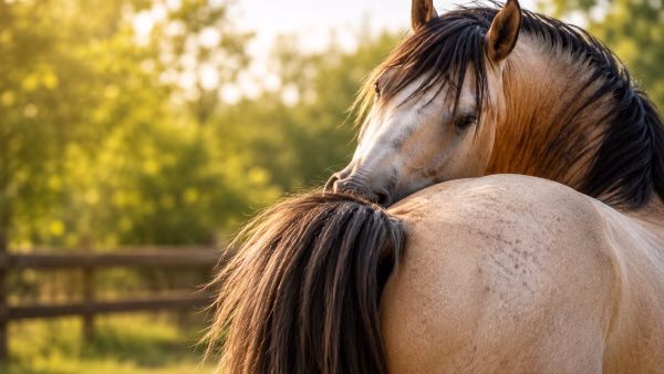 Paard schuurt manen en staart bij warm weer