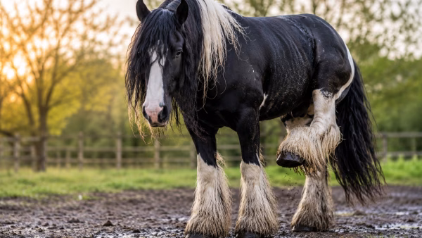 Paard met veel behang tilt een achterbeen op bij een artikel over terugkerende mijtproblemen.
